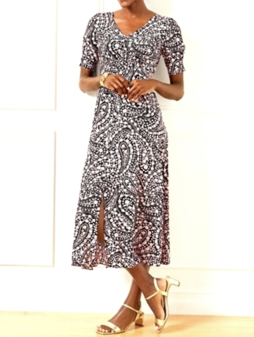 Talbots Black and Pink Paisley Midi Dress..SIZE:14P